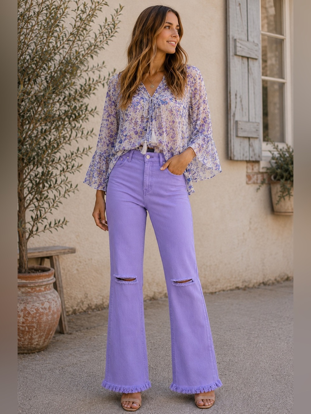 NWT JC & JQ High-Rise Lavender Flared Jeans Bell Bottom Distressed Boho Y2K, XL